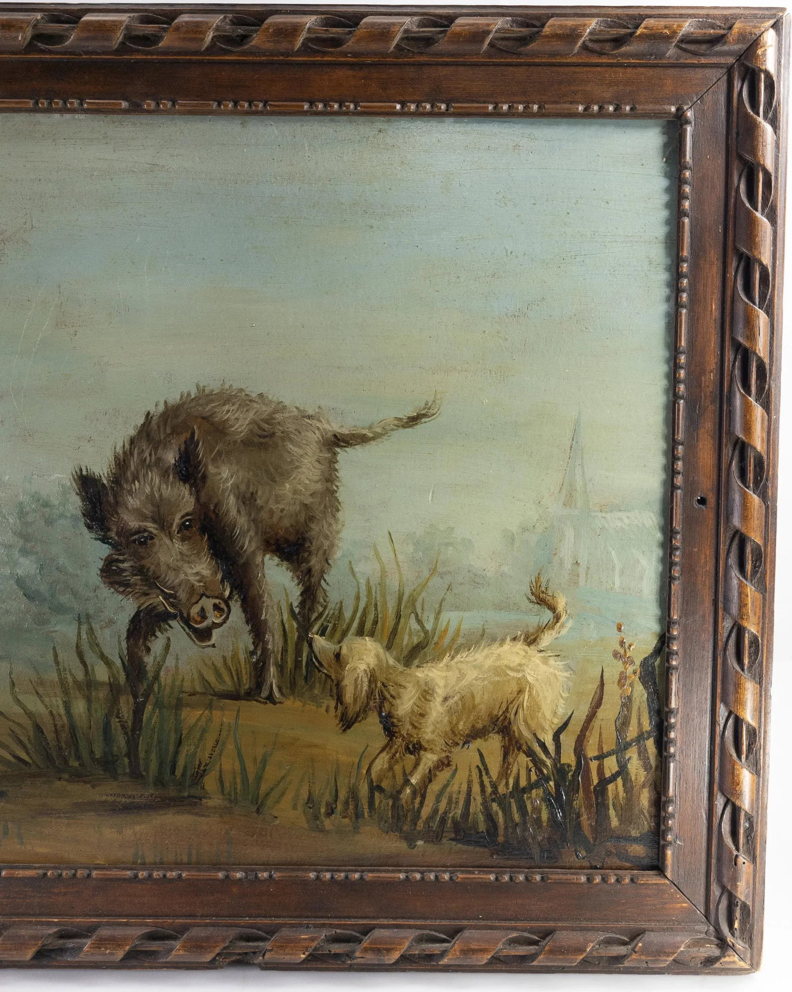 Antique French Genre Scene Oil Painting With Baroque Wood Frame - 3