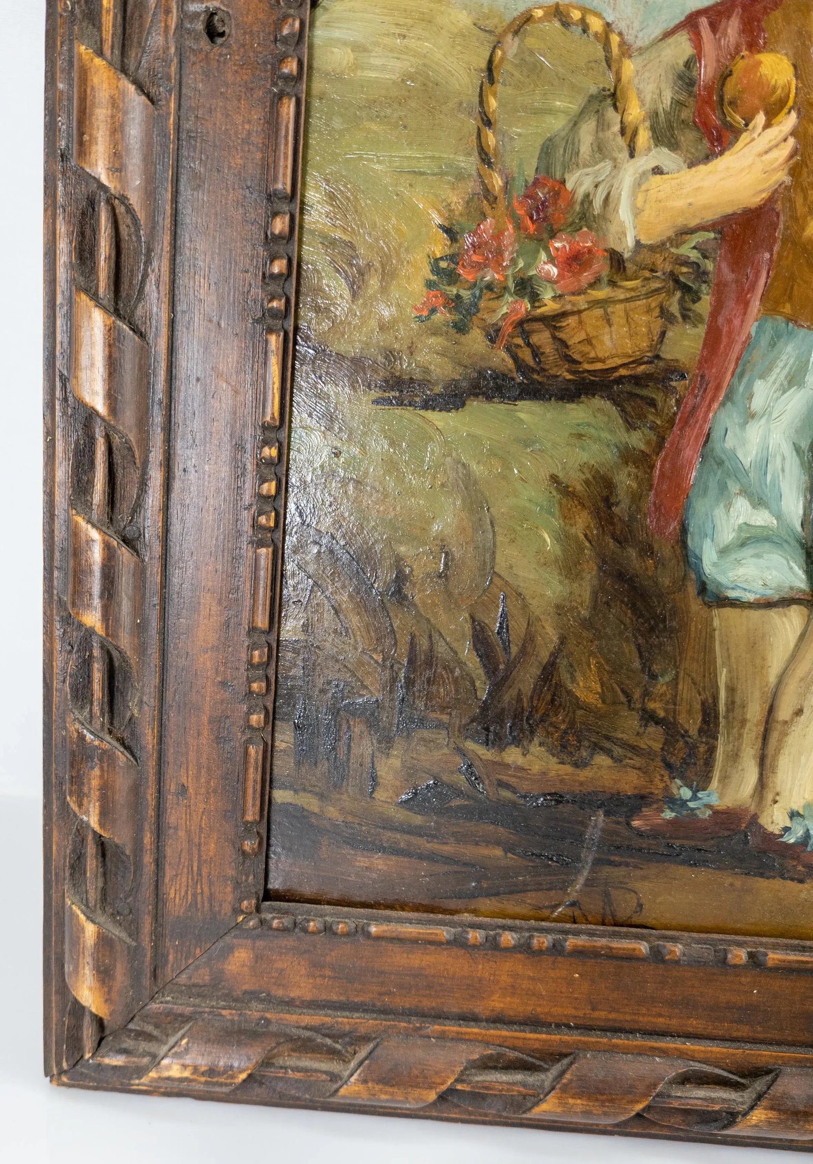 Antique French Genre Scene Oil Painting With Baroque Wood Frame - 7