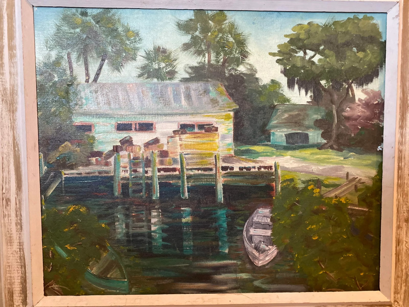 Early 20th Century Florida Landscape Dock Scene Oil Painting, Framed - 2