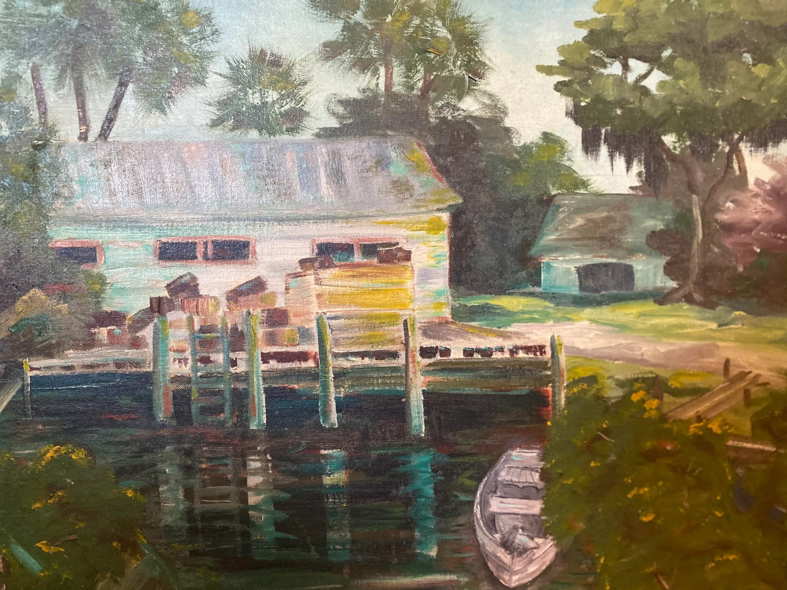Early 20th Century Florida Landscape Dock Scene Oil Painting, Framed - 3