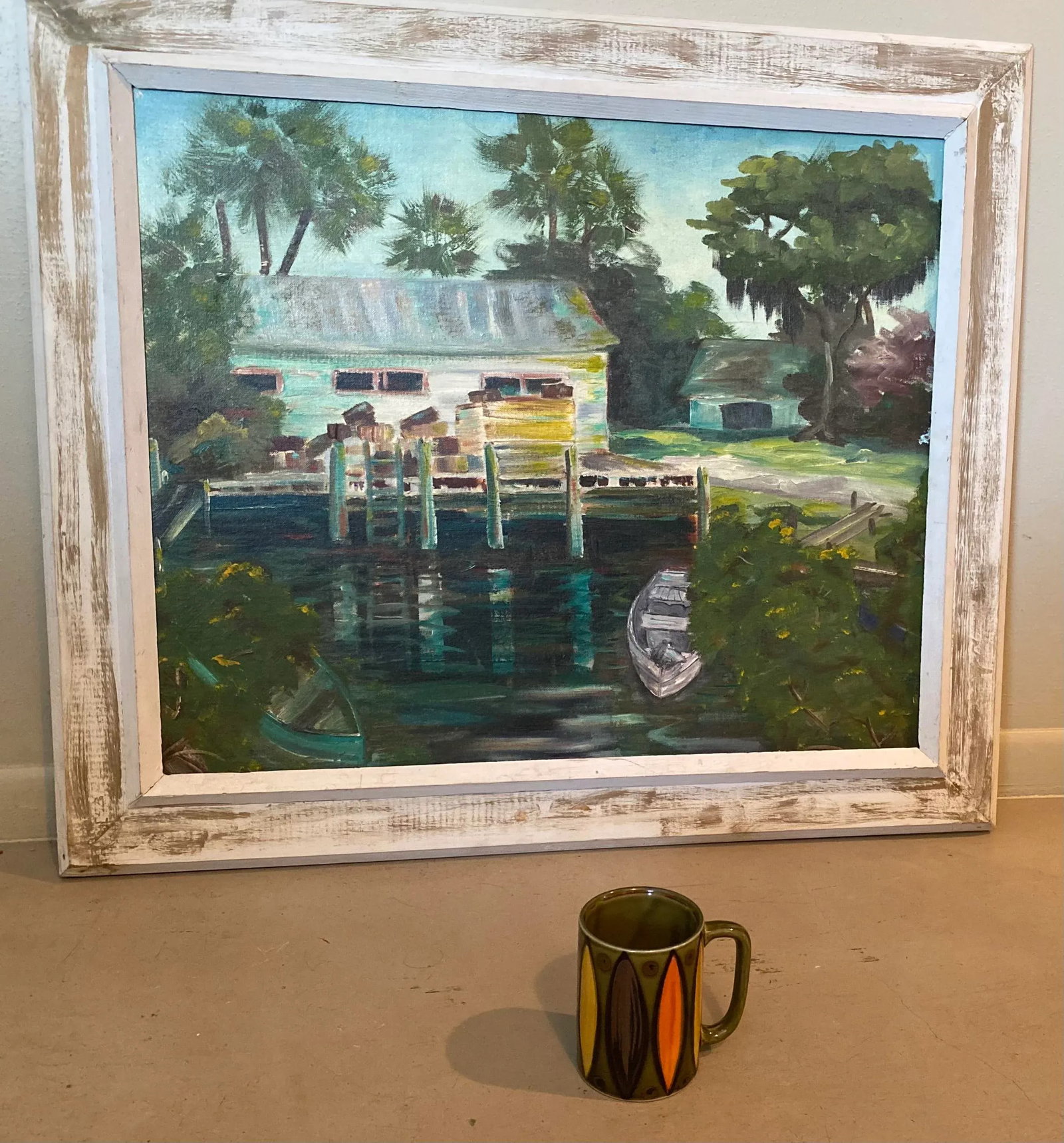 Early 20th Century Florida Landscape Dock Scene Oil Painting, Framed - 9