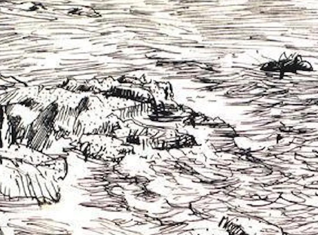 Black and White Expressive Coastal Scene in Ink 1940-60s - 2