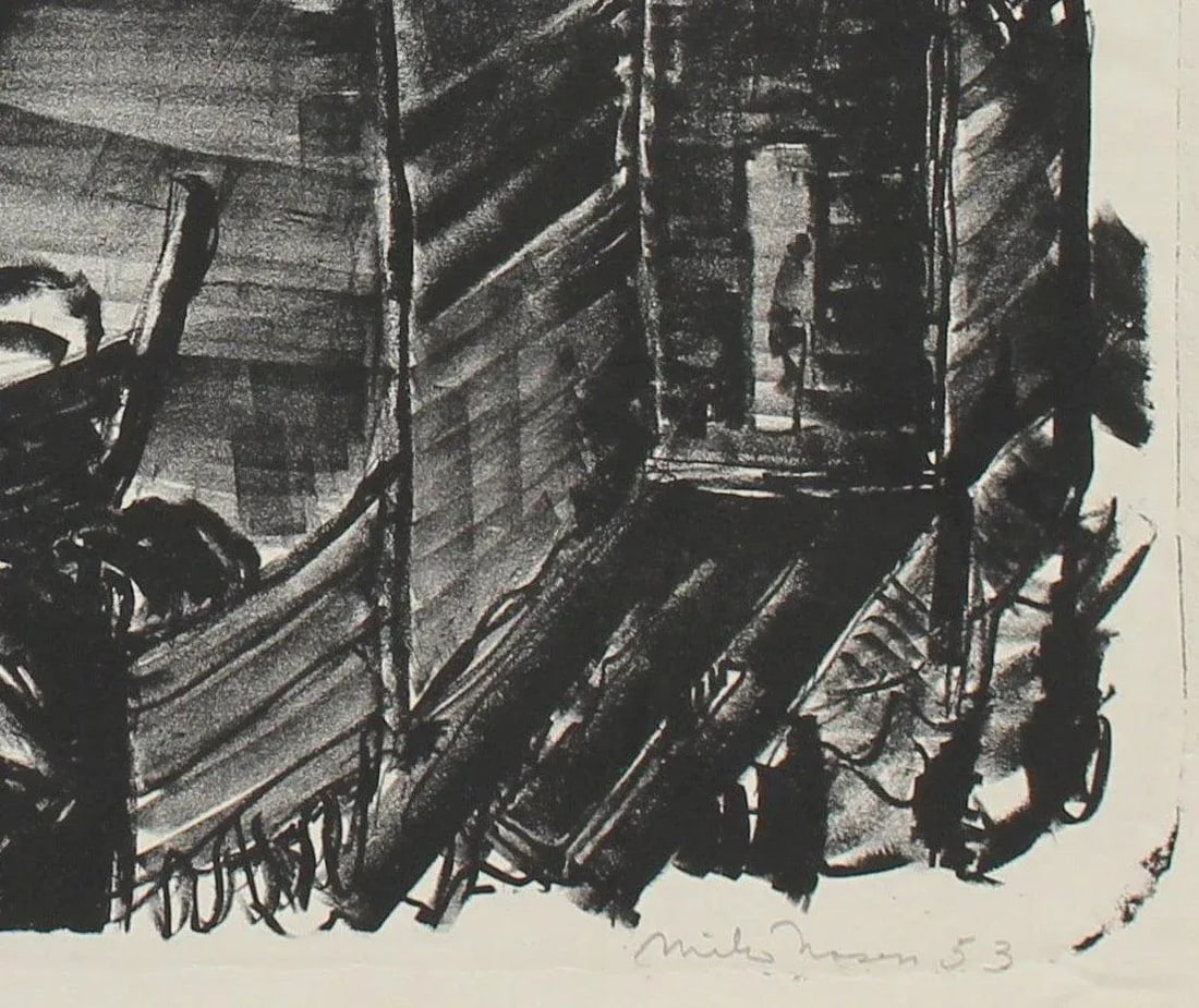 Monochrome Graphic Abstracted Barn 1953 Lithograph - 2