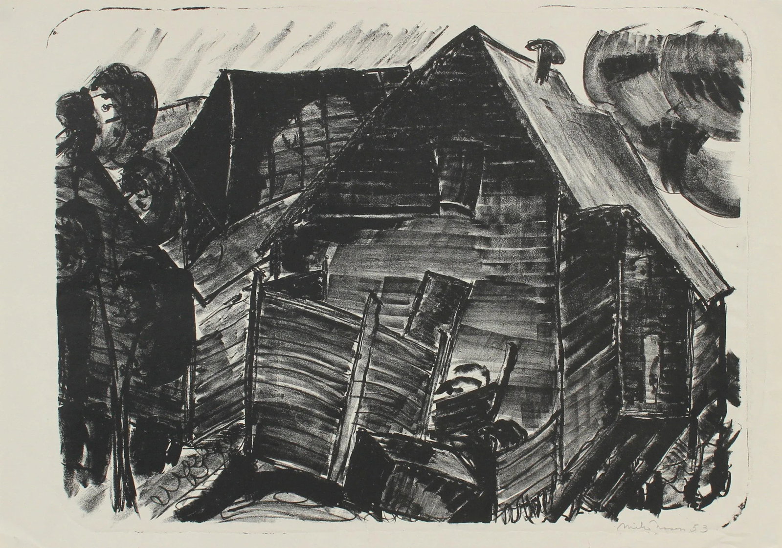 Monochrome Graphic Abstracted Barn 1953 Lithograph - 3