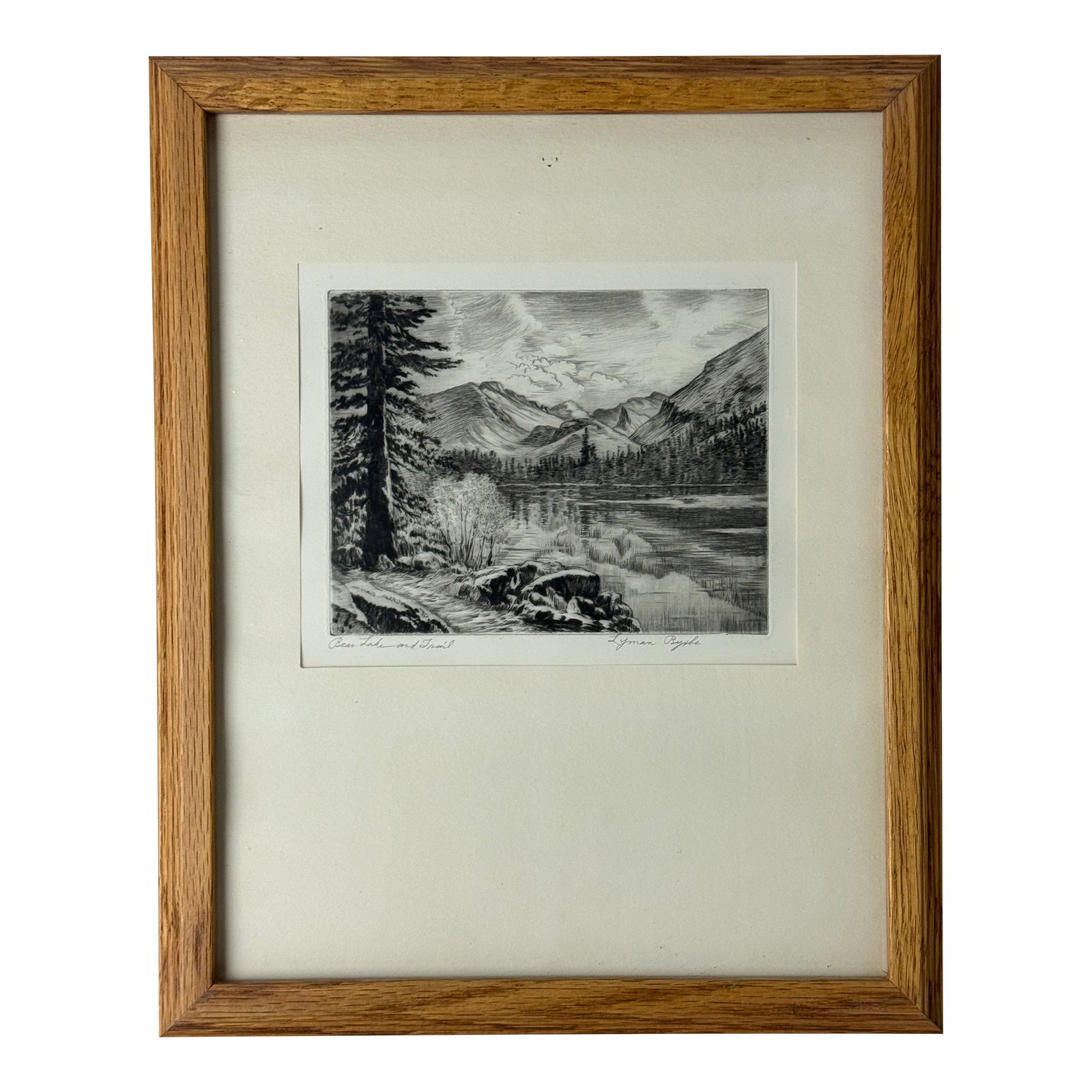 Lyman Byxbe "Bear Lake and Trail" Original Etching, C. 1920s-30s: An original American landscape etching by Lyman Byxbe, Bear Lake and Trail presents a peaceful lakeside path set against a backdrop of forest and distant mountain peaks. The balanced composition and