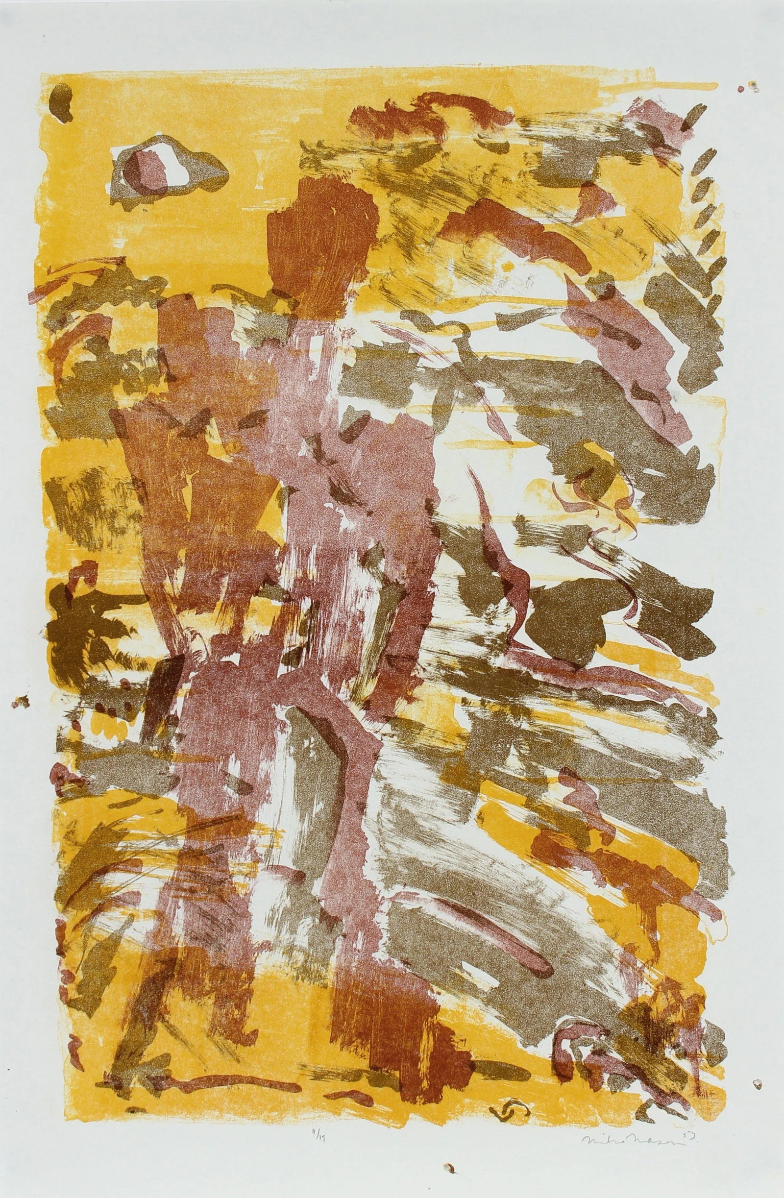 Warm Toned Modernist Figure & Sky Abstract 1953 Lithograph - 2