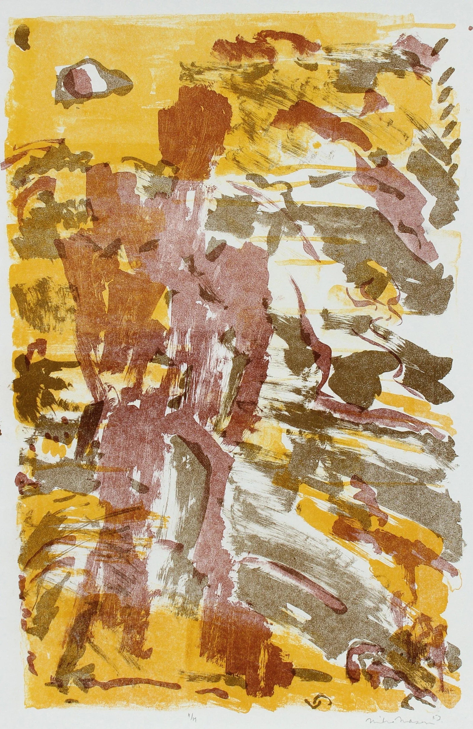 Warm Toned Modernist Figure & Sky Abstract 1953 Lithograph - 4
