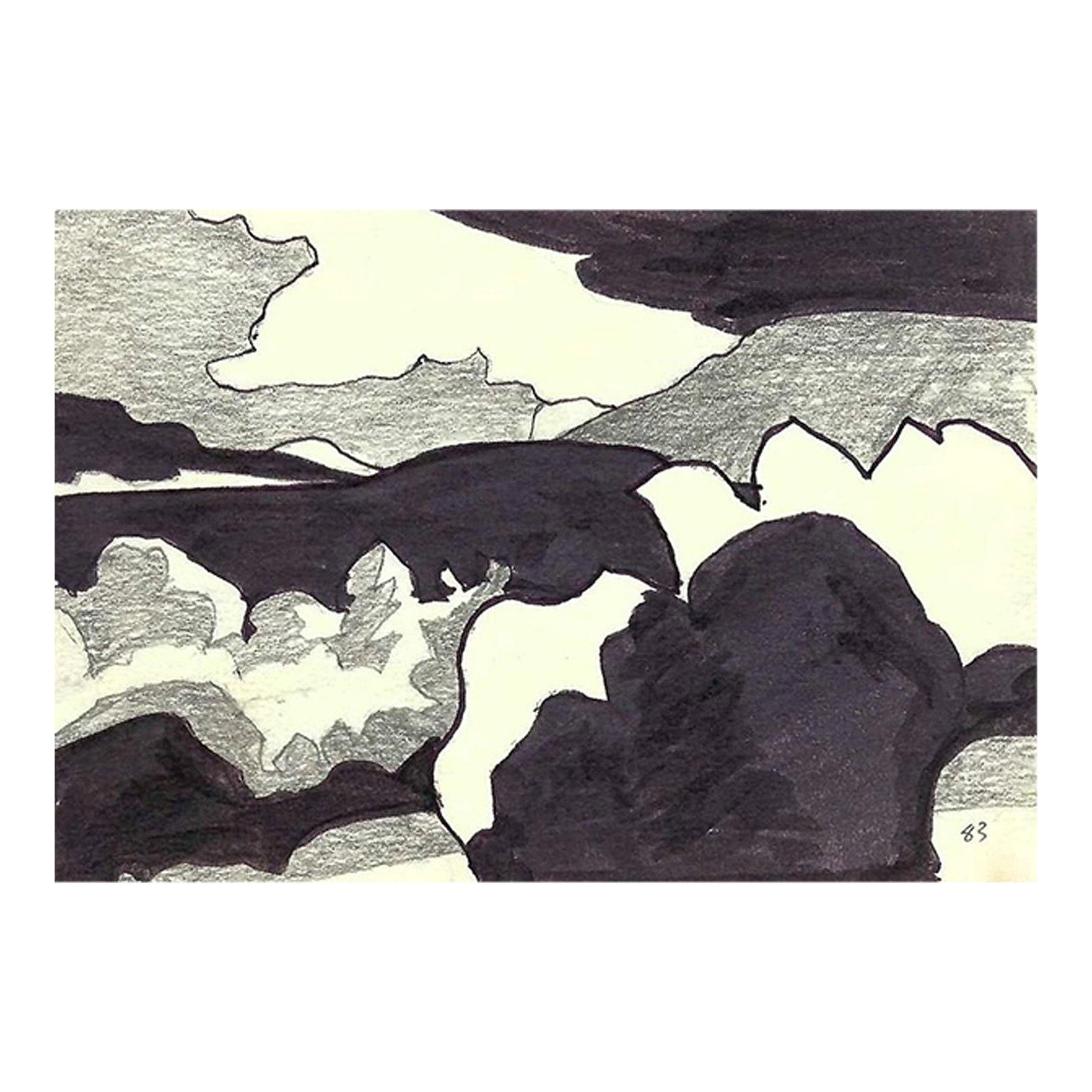 1983 Robert Angeloch Abstract Landscape Drawing: Abstract ink and graphite on paper by Robert Henry Angeloch (1922-2011). Dated 1983 on both sides, estate stamp on the back. Bob Angeloch was born in Richmond Hill, New York, April 8, 1922, to