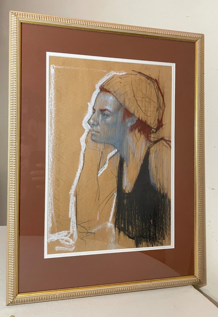 1990s Original Hett Mixed Media Pastel Acrylic Ink Drawing Painting Lady Pop Portrait - 2
