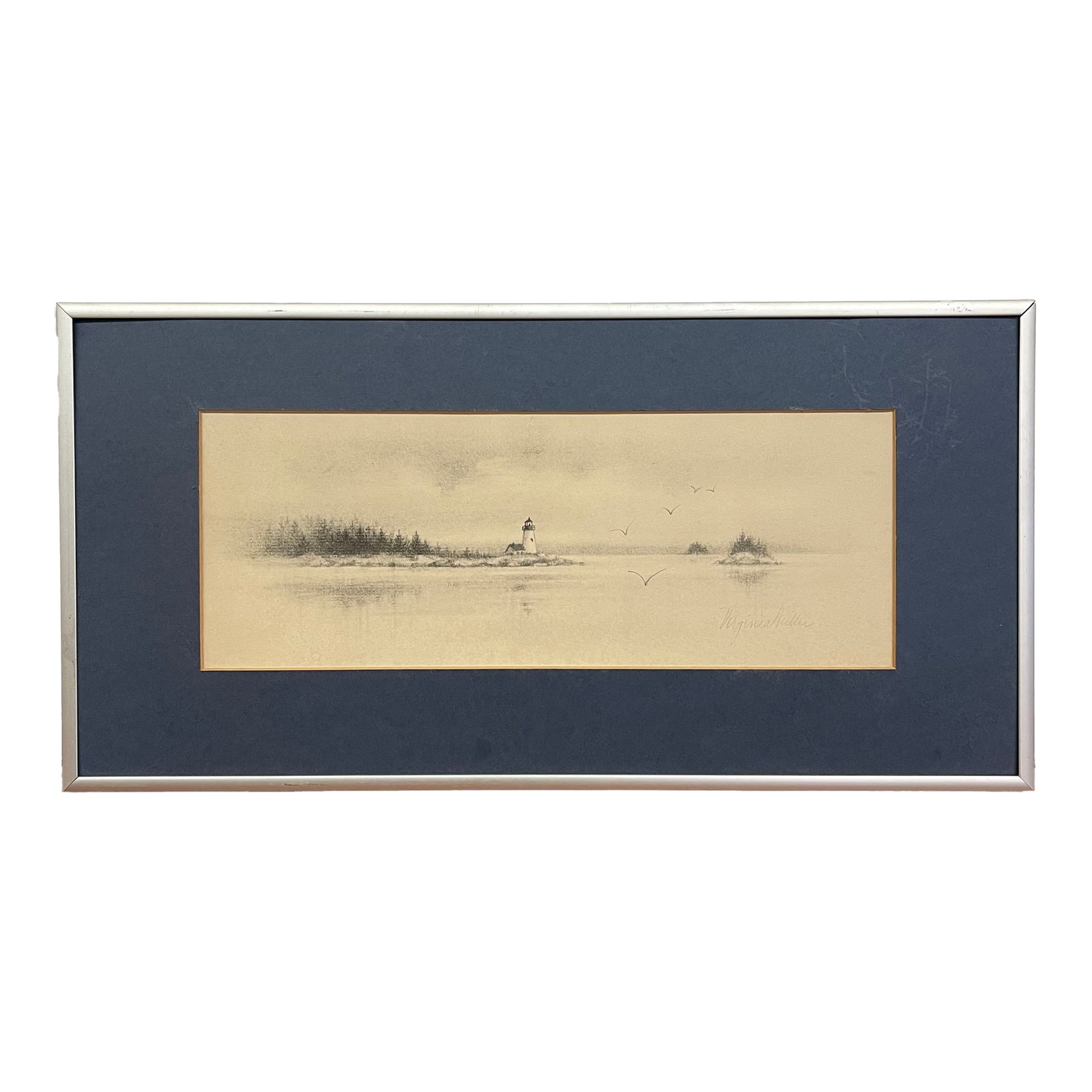 Vintage Pencil-Signed Coastal Lighthouse Lithograph by Virginia Miller for Jonah's Workshop, Searspo: A tranquil and atmospheric vintage coastal lithograph pencil-signed by artist Virginia Miller, published by Jonah's Workshop of Searsport, Maine. The composition depicts a solitary lighthouse rising a