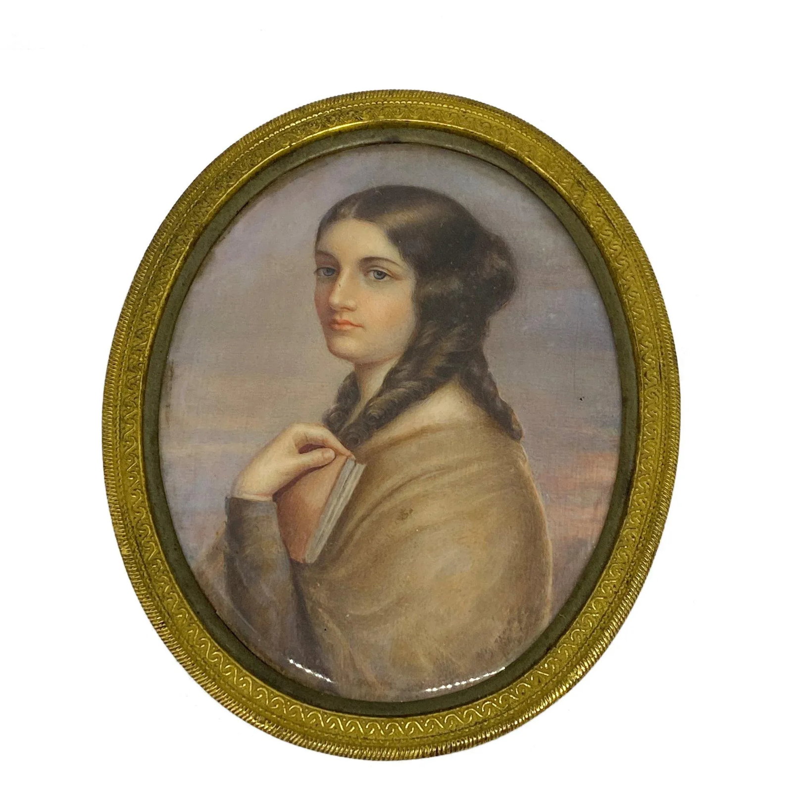 19th Century "Woman Holding a Book" Miniature Portrait Painting, Framed - 3