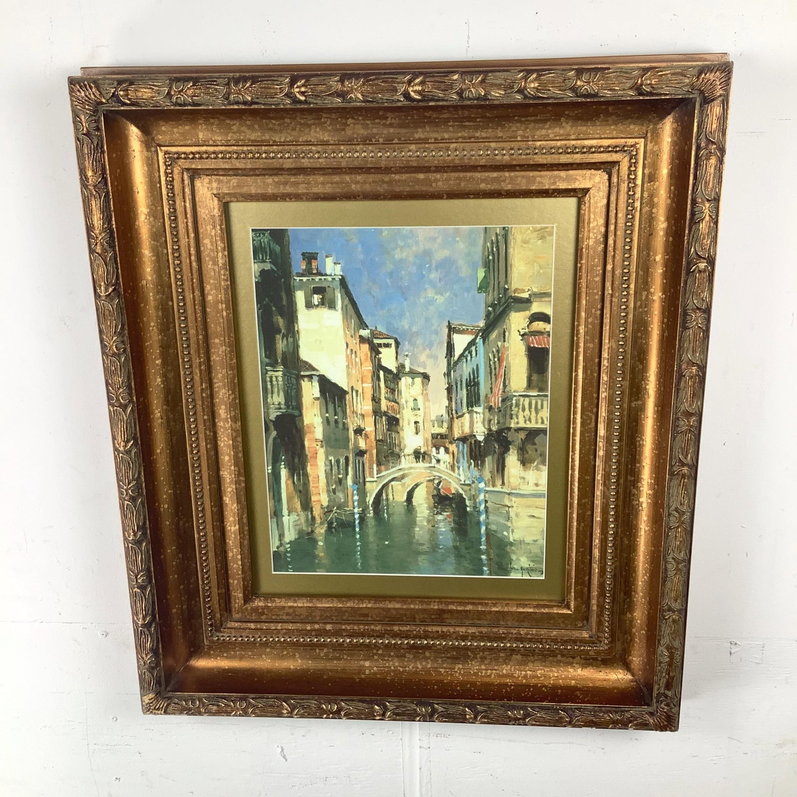 Vintage European Canal Scene in Ornate Gilt Wood Frame - 2