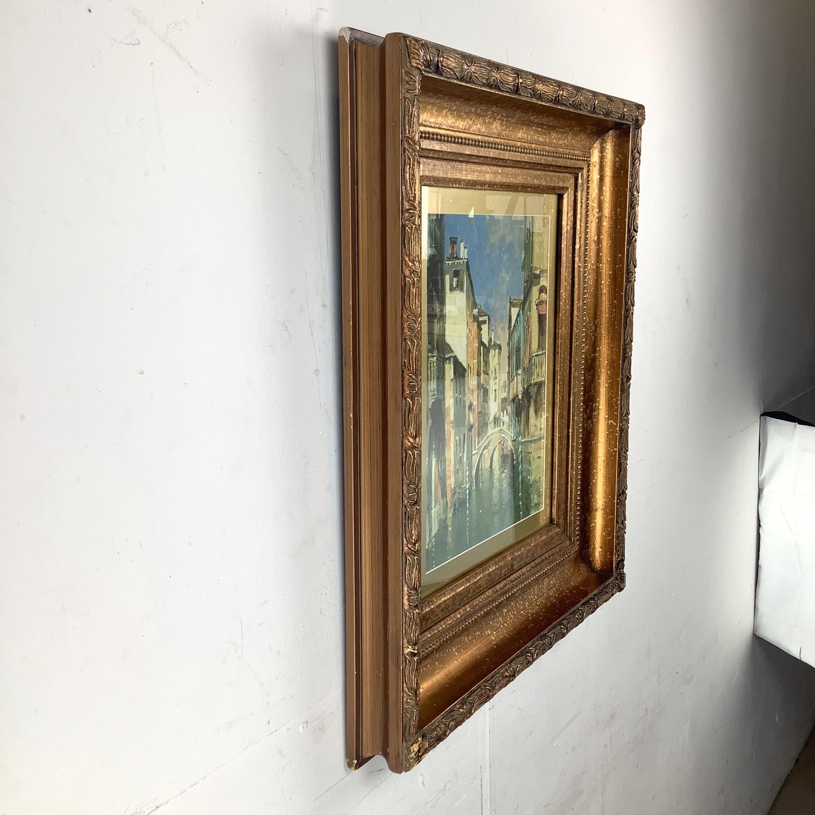 Vintage European Canal Scene in Ornate Gilt Wood Frame - 3