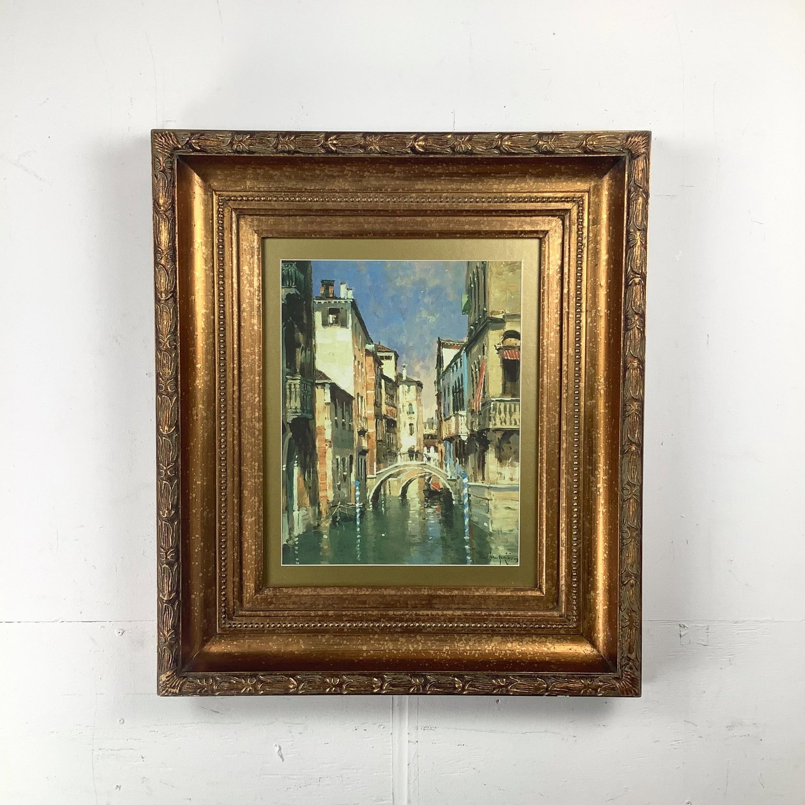 Vintage European Canal Scene in Ornate Gilt Wood Frame - 4