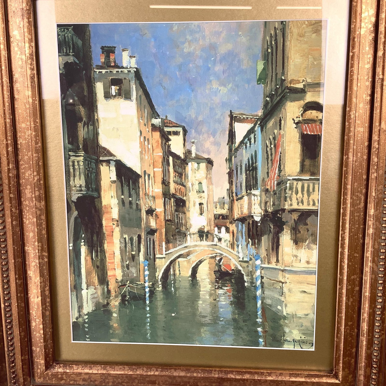 Vintage European Canal Scene in Ornate Gilt Wood Frame - 5