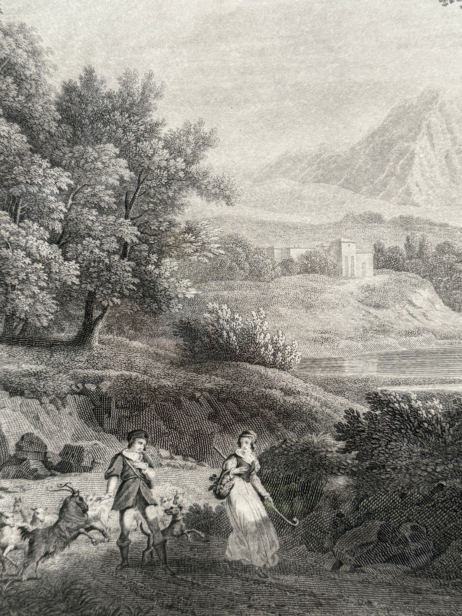 Antique Print Lake Geneva Figures Animals Pastoral Landscape Circa 1830 - 2