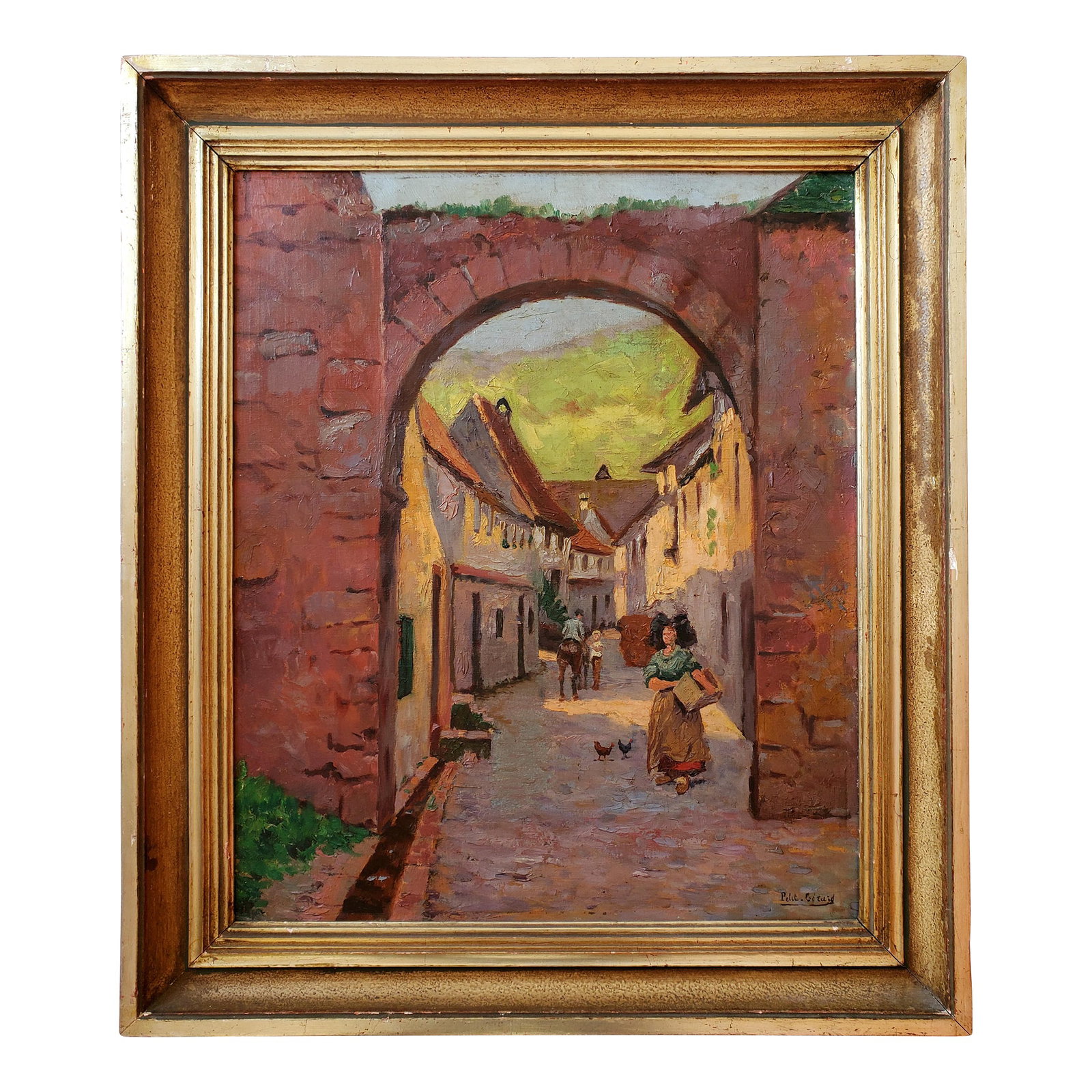 Original Vintage Painting - Exhibited in 1929 Exposition Versaillaise: This is an original oil painting of the Kaysersberg gate in France, sized 26.5 inches x 23 inches, including frame. There are extensive labels on the back - the artwork was exhibited in the 1929