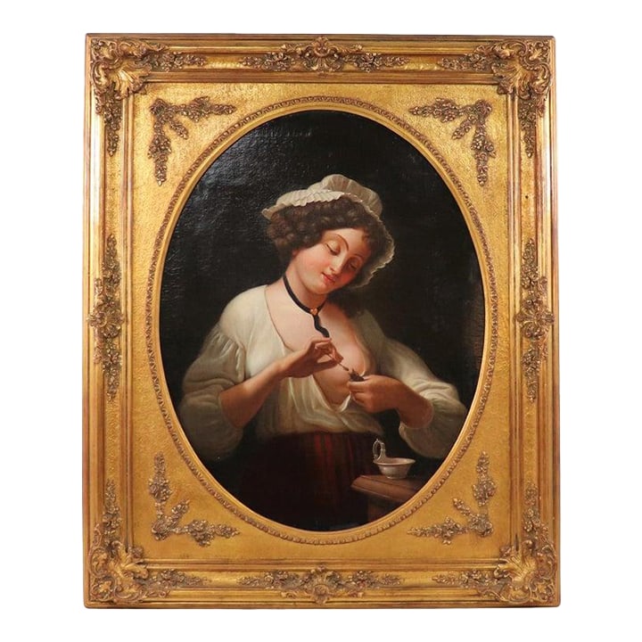 Mid-19th-Century French School Genre Painting, "Feeding the Bird" Evoking the Tradition of Greuze: This Mid-19th-century French school oil on canvas depicts a young woman in an intimate half-length pose, tenderly feeding a small bird. Painted in the sentimental genre tradition associated with