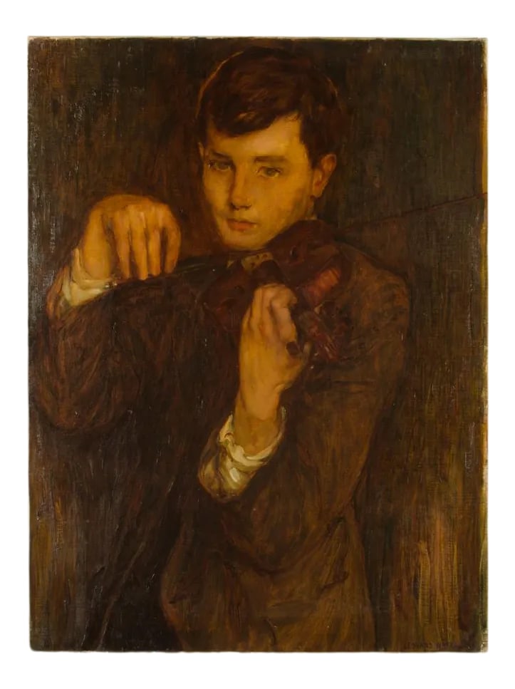 Early 20th Century Portrait of a Young Musician Oil Painting by Leonard Watts: Leonard Watts (British, b. 1871 - d. 1951) "Boy with Violin" oil painting. Oil on canvas, signed lower right. - Unframed Condition: Alterations: Unknown Imperfections: Some Imperfections Condition Not