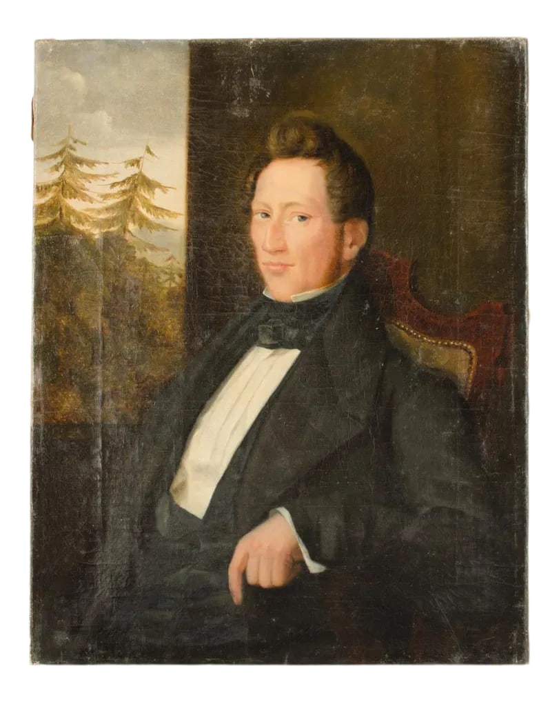 Portrait of a Seated Gentleman, Mid 19th Century.: "Seated Man" - depicting a man wearing black neck tie, waistcoat and jacket seated near window with wooded landscape in background. - Oil on canvas - Unsigned, unknown artist. - Unframed Condition: