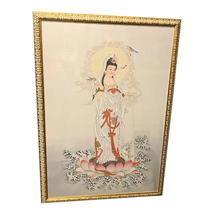 Mid 20th Century "Quan Yin" Asian Figurative Painting, Framed: Asian Art Quan Yin with Frame. It is a hand painted on the silk fabric with an elegant golden metal frame. No maker marked. Condition: Alterations: Original Condition Unaltered Imperfections: Some