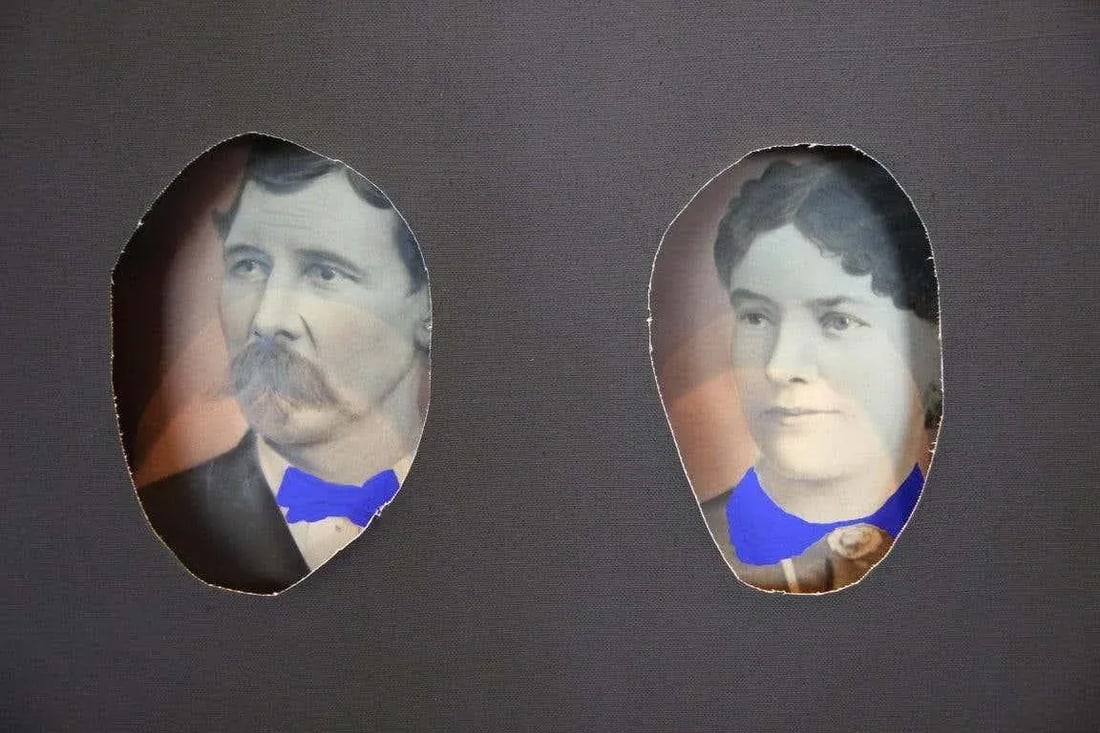 Matthew Reeves Black Canvas Wrapped Portrait of a Couple With Painted Bright Blue Collars 2020 - 2