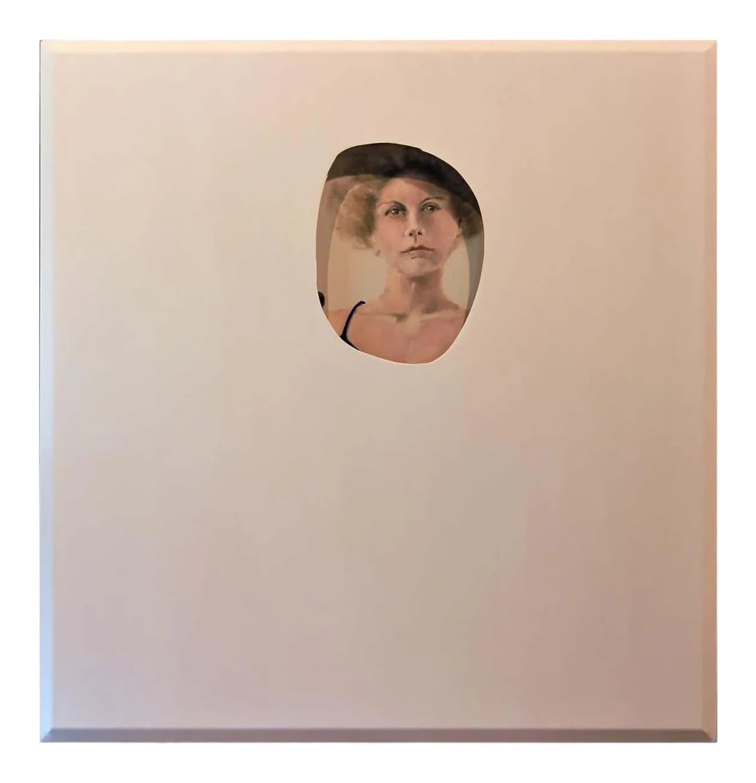Matthew Reeves White Canvas Wrapped Portrait of a Woman in Bright Blue Dress 2020: Three dimensional conceptual painting by Matthew Reeves. White painted canvas stretched over a painting of a woman wearing a bright blue blouse. The artist Matthew Reeves, owner of Reeves Design +