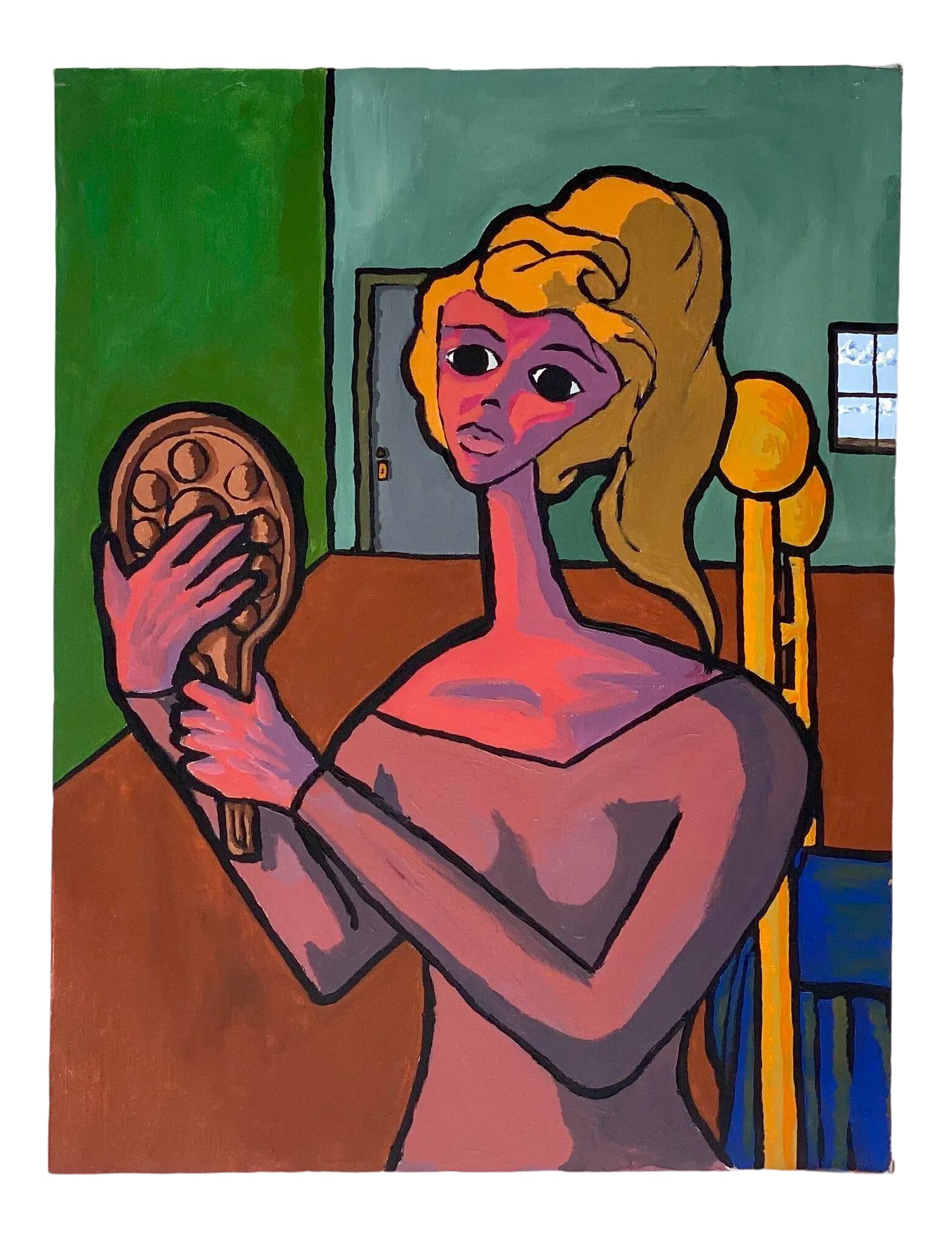 Vintage Surrealist Portrait Painting Signed Brian Gold, Circa 1970: Striking, surrealist portrait signed by the artist, Brian Gold, circa Feb. 1970. Centrally situated is a golden blonde, vibrant fuscha woman gazing into a handheld mirror yielding her reflection.