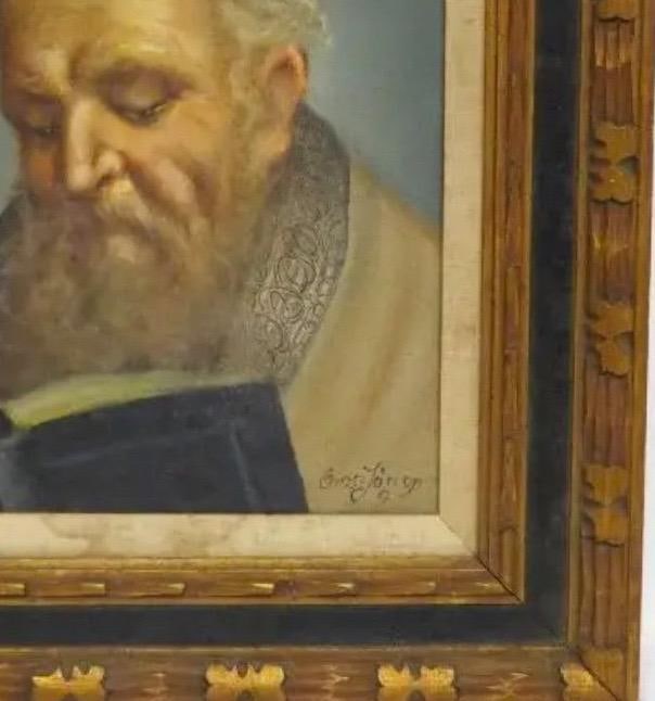 Mid-Century Signed Erling Jorgensen Oil Painting - "Rabbi in Study" Fine Judaica - 7