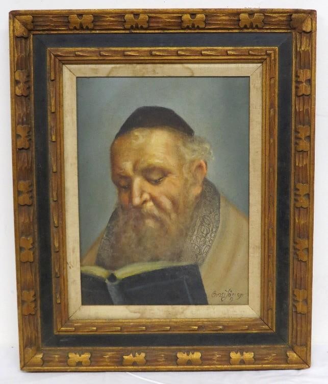 Mid-Century Signed Erling Jorgensen Oil Painting - "Rabbi in Study" Fine Judaica - 9