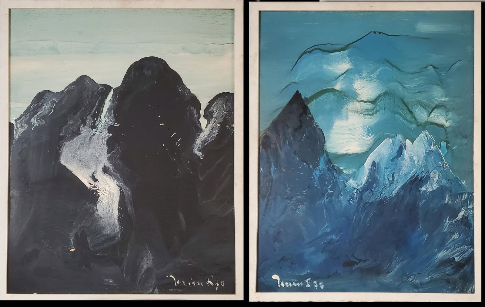 1970s Craggy Mountains at Night, a Pair of Abstract Paintings Signed byHarry Jelinek (1905-1986): These two paintings in the Abstract Expressionist style depict what appears to be craggy mountains with glacial flows seen just before dawn in the blue version or in the deepest moonlit night in the