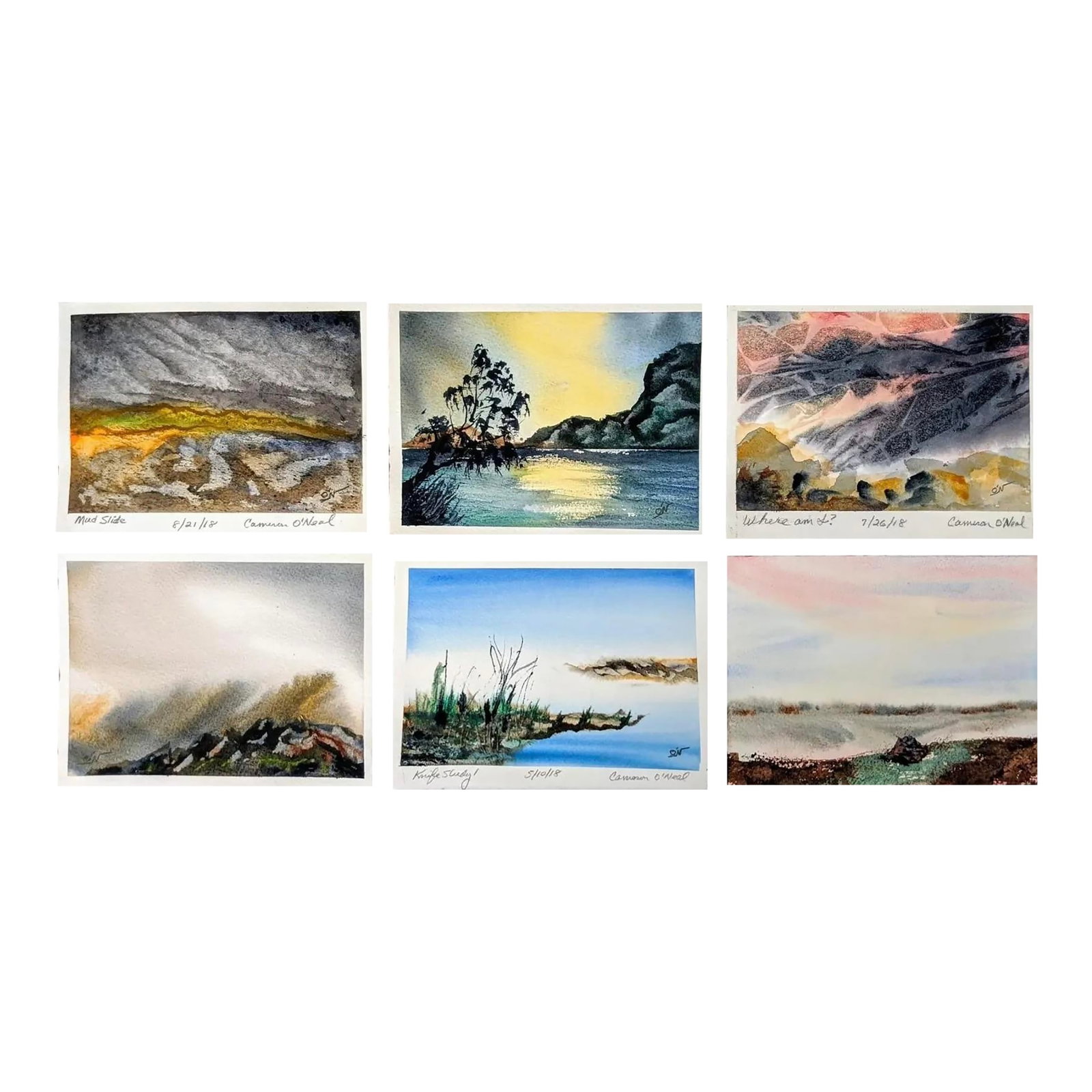 Signed Original Watercolor Paintings by Cameron O'Neal, Set of Six: Original watercolors by Canadian artist Cameron O'Neal. We have selected this grouping of vivid "imagined landscapes" which are all hand-signed and titled. A wonderful grouping of hand-crafted, hand-p