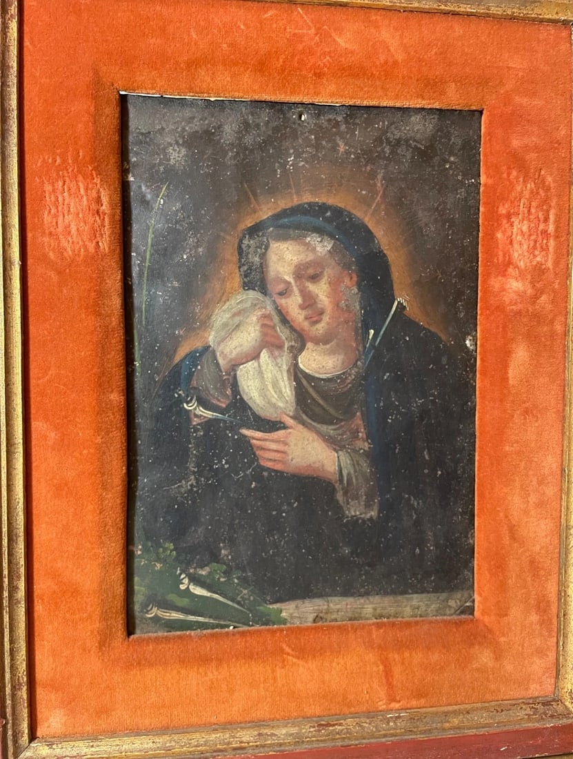 Antique 18th Century Mexican Retablo Saint Mary Icon Religious Painting Tin - 2