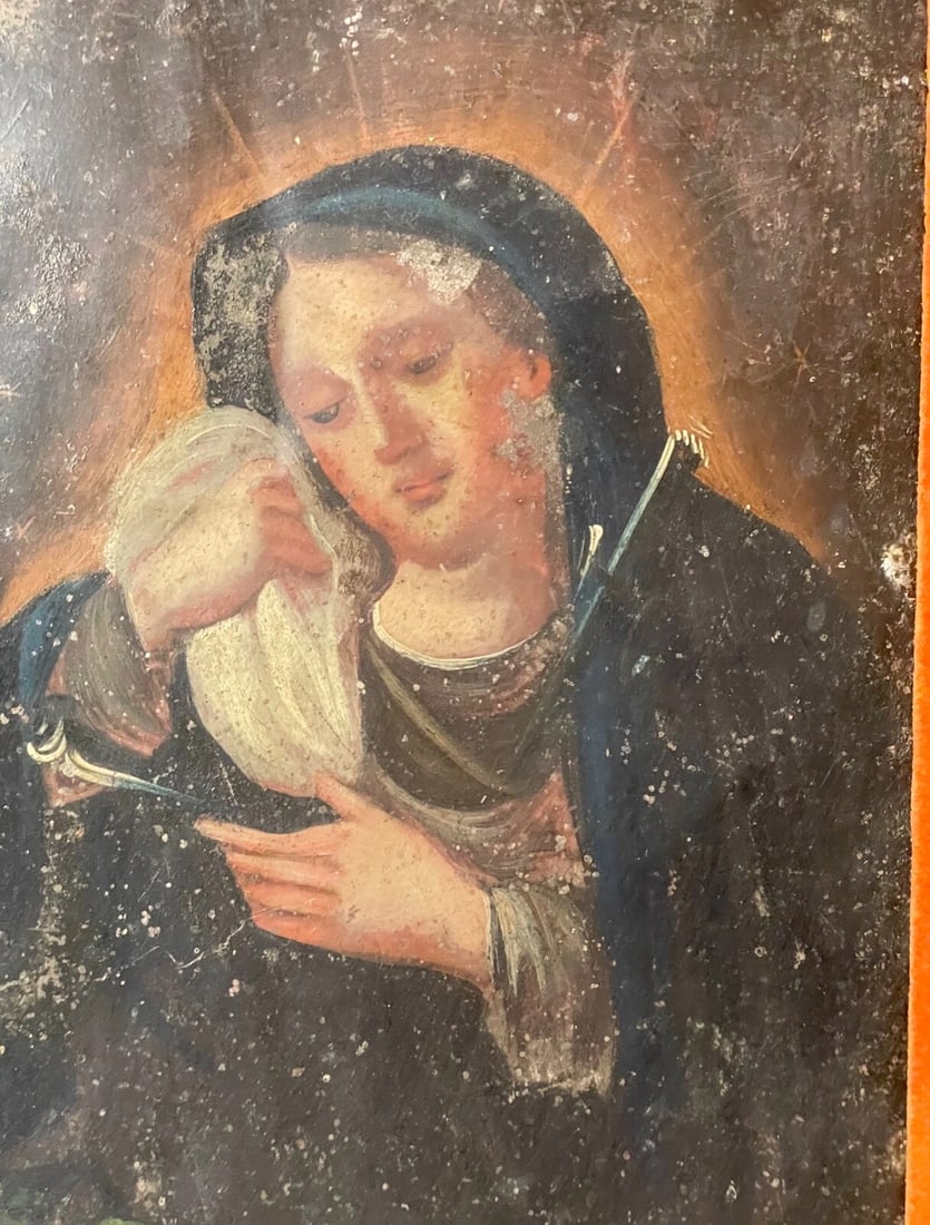 Antique 18th Century Mexican Retablo Saint Mary Icon Religious Painting Tin - 3