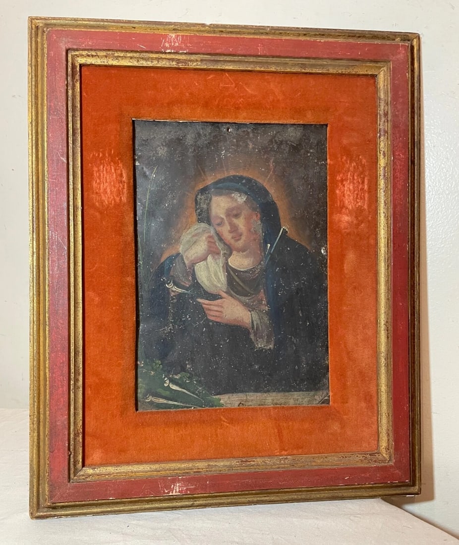 Antique 18th Century Mexican Retablo Saint Mary Icon Religious Painting Tin - 4