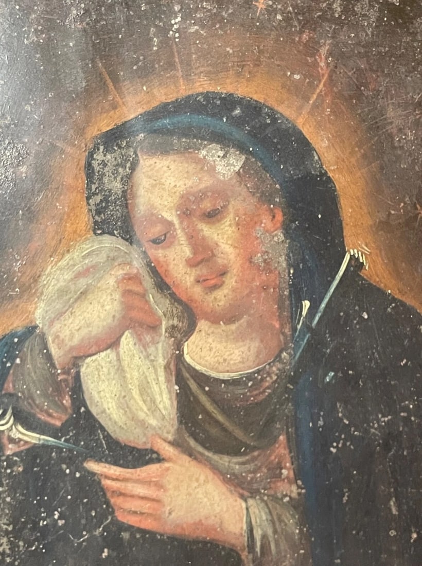 Antique 18th Century Mexican Retablo Saint Mary Icon Religious Painting Tin - 6