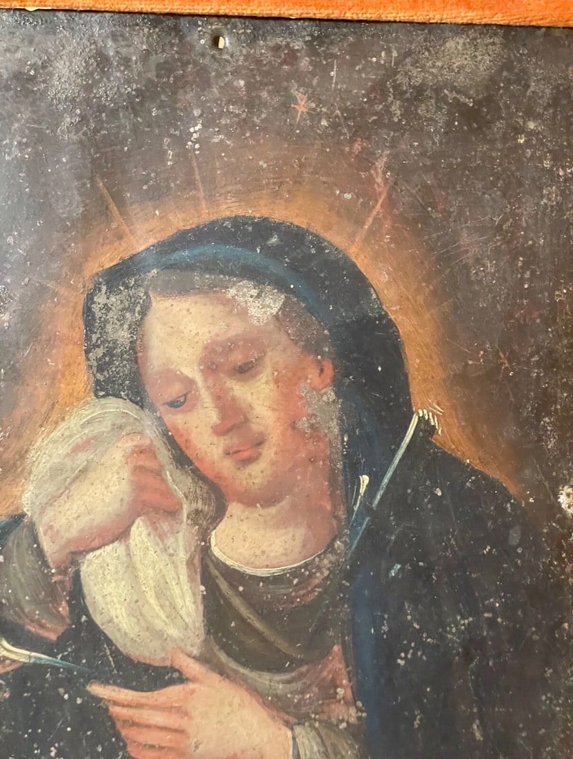 Antique 18th Century Mexican Retablo Saint Mary Icon Religious Painting Tin - 7