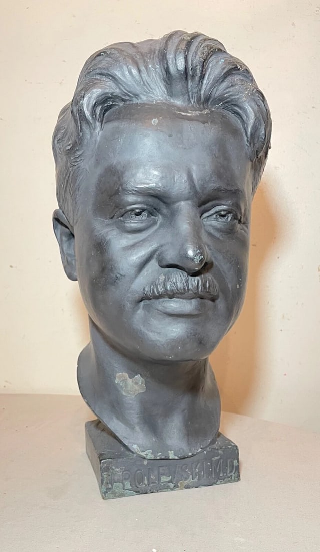Large 1925 Antique Nj Medical Doctor Jacob Polevski Bronze Statue Bust Sculpture - 3