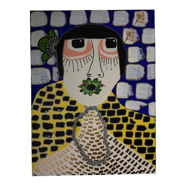 "Nina" This Original Acrylic and Collage Character Portrait by Susan Cohen: This original acrylic and collage character portrait by Susan Cohen portrays a Spanish senorita with quiet confidence and undeniable presence. Rich layers of acrylic paint and thoughtfully placed