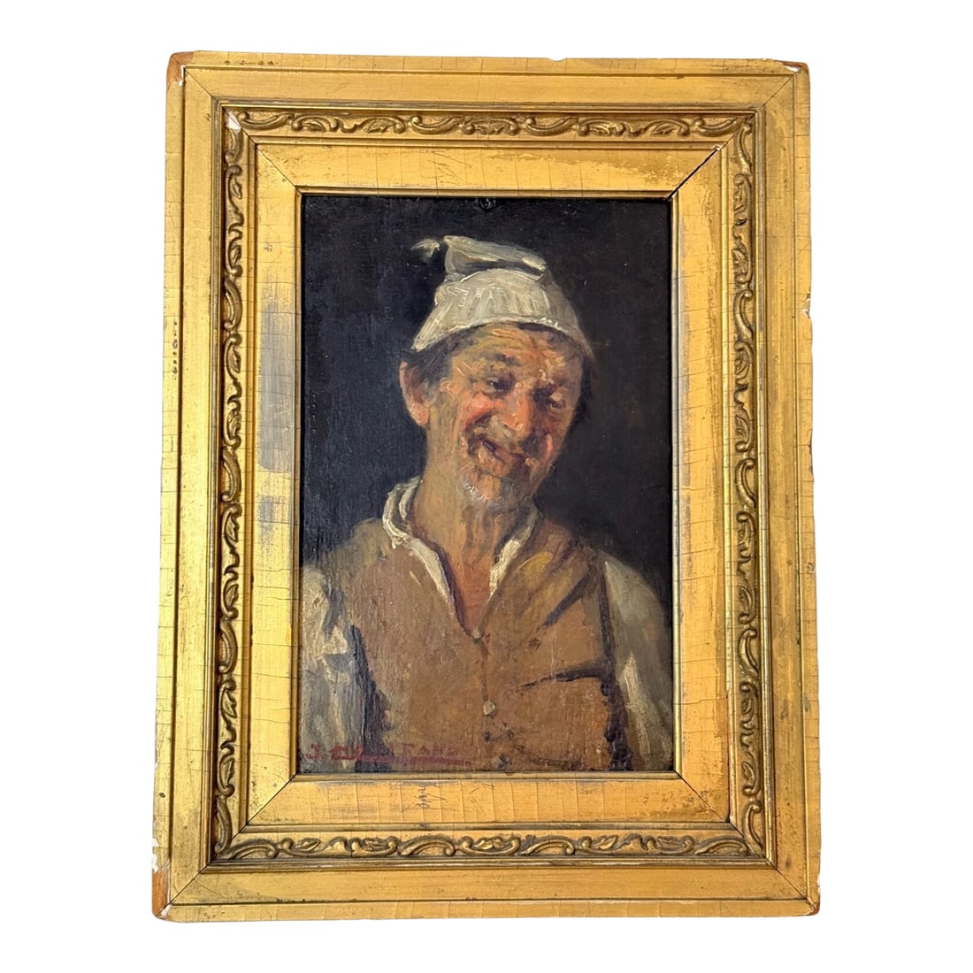 Antique 19th Century Original John Edmund Califano Oil Painting Man Portrait: This exquisite 19th century oil painting by John Edmund Califano portrays an elder man's portrait wearing hat done with an exquisite expressionistic realism approach. It is a testament to the rich
