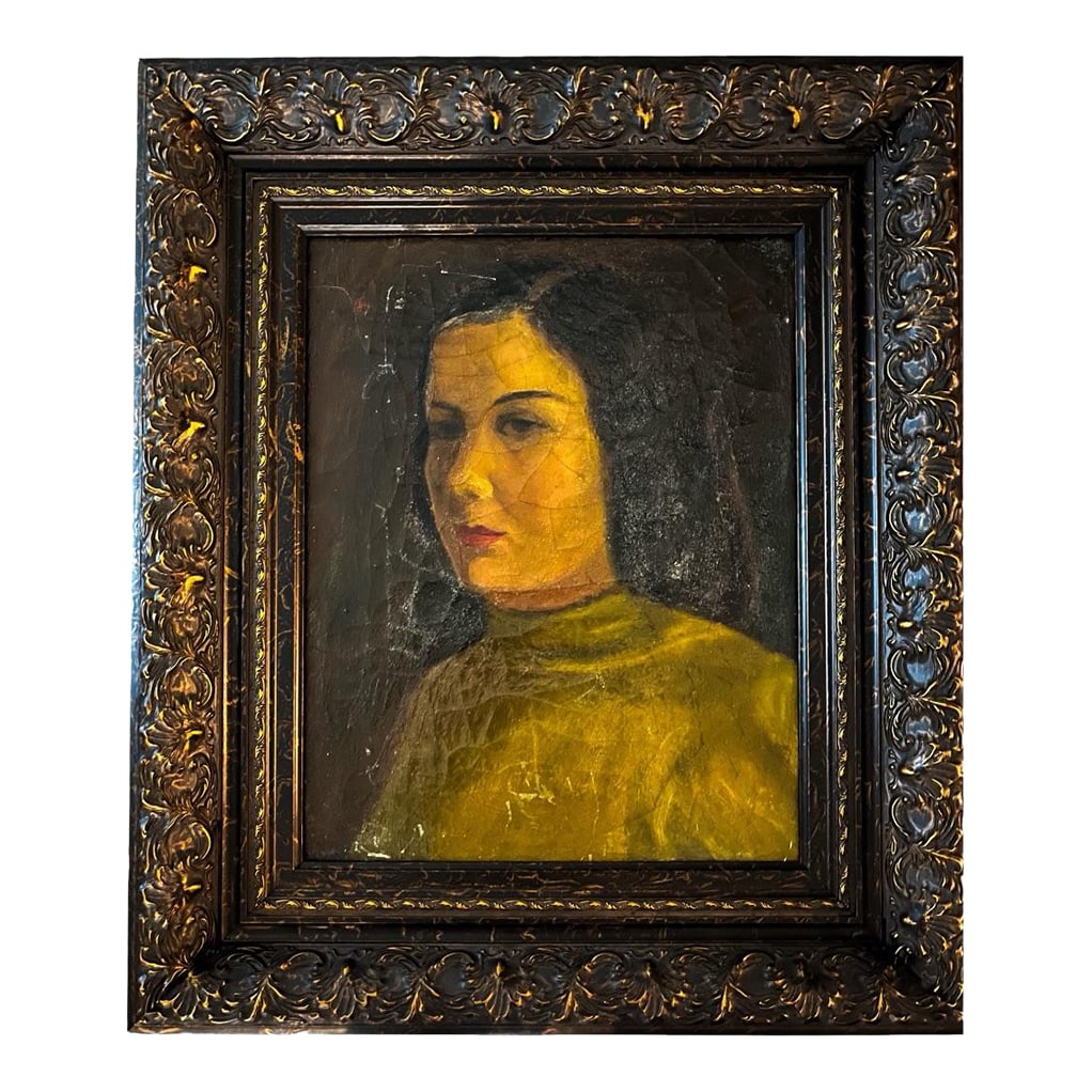 Antique European Portrait Painting, C. 1900-1910: Antique oil portrait of a woman, dating to circa 1900-1910, based on period clothing and hairstyle. Painted in a restrained, naturalistic style with warm tones and a dark background, consistent with