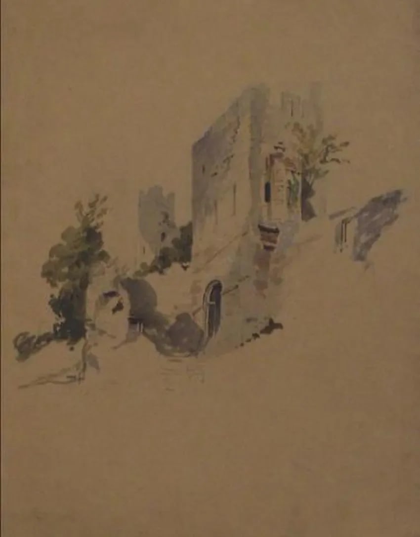 Pale Blue Castle Scene Early-Mid 1800s Watercolor: This early-mid 1800s watercolor and graphite on paper drawing is by English artist James Ramsay (1786-1854). He is known for his portraiture and exhibited at the Royal Academy of London. Provenance: L