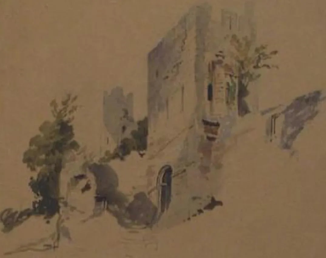 Pale Blue Castle Scene Early-Mid 1800s Watercolor - 2