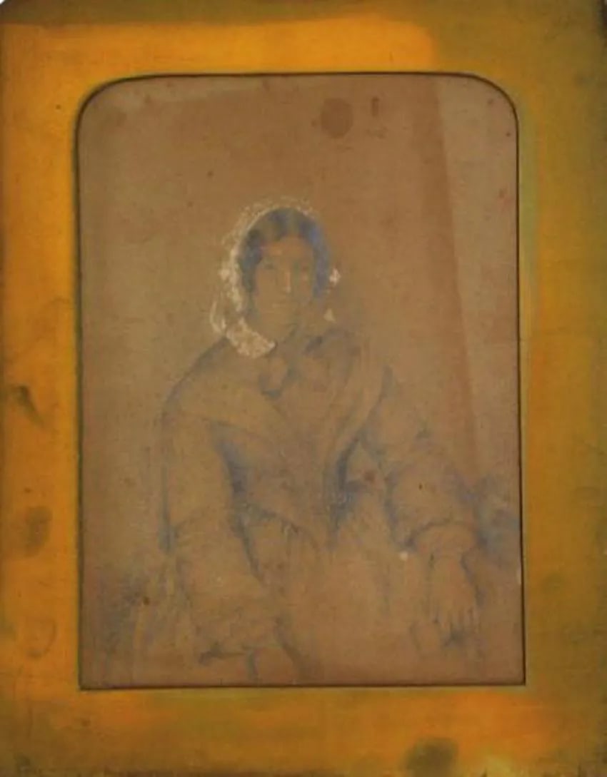 Woman With a Coy Smile, Portrait Study Early-Mid 1800s: This early-mid 1800s watercolor and graphite on paper drawing is by English artist James Ramsay (1786-1854). He is known for his portraiture and exhibited at the Royal Academy of London. Provenance: L