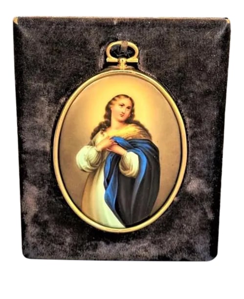 Early 20th Century Miniature Madonna Porcelain Plaque, Framed: A vintage finely painted picture of the Madonna on porcelain. Painting in the style of "The Assumption of the Virgin" by Bartolome Esteban Murillo, 1610. Porcelain is oval shaped and encased in gold m