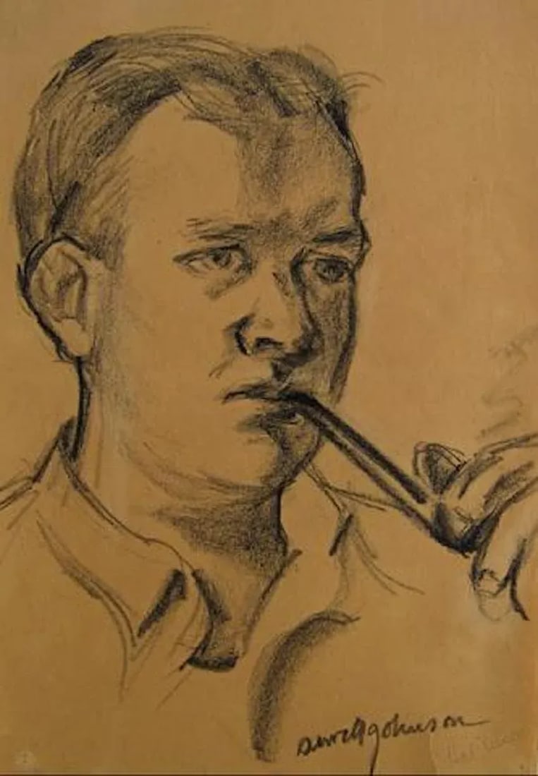 "Hal Nelson" 1930-50s Charcoal Man Cigar Smoking Portrait Drawing - 3