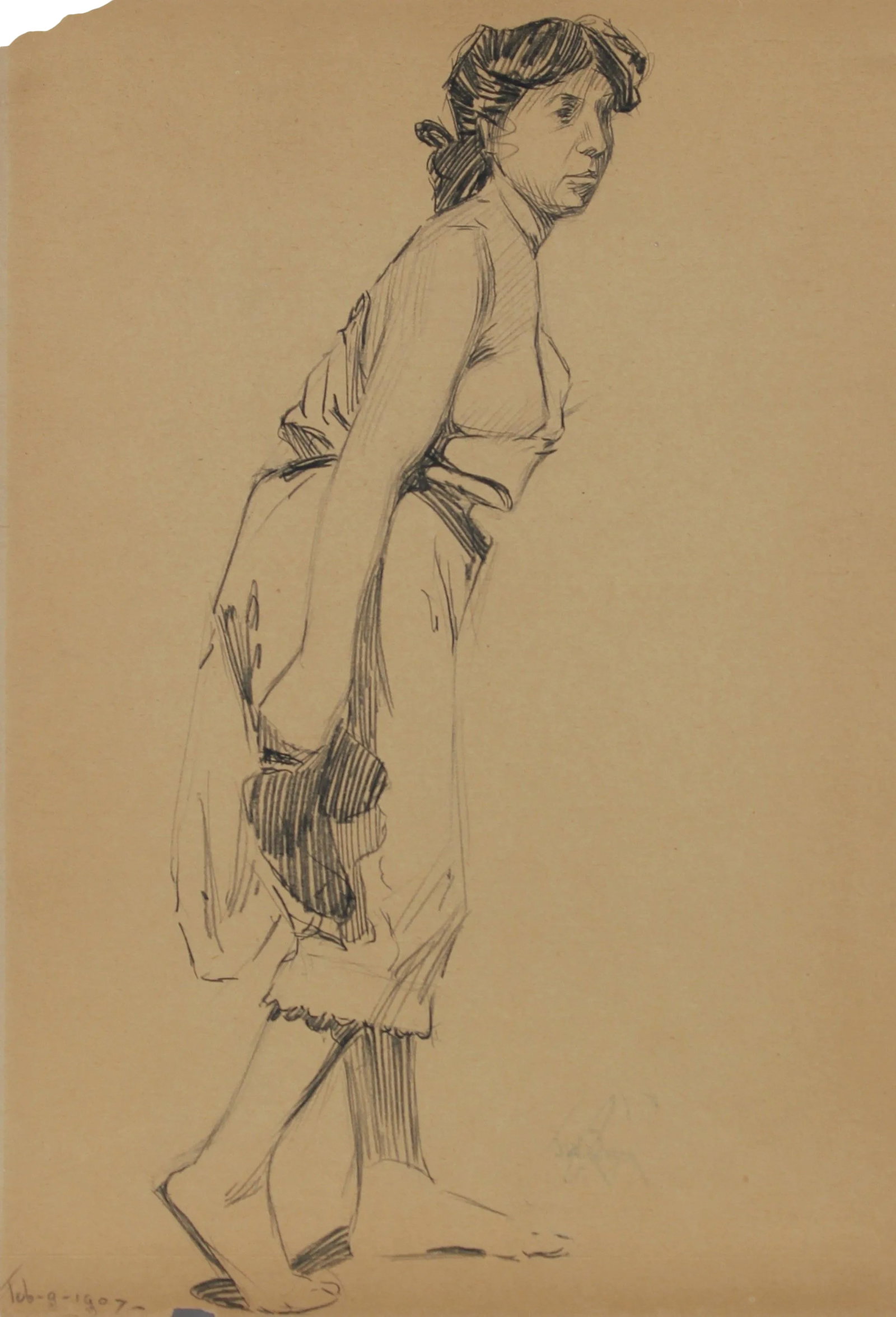 Female Figure in Paris 1907 Graphite Drawing: This 1907 graphite on paper figurative drawing is by American artist John Whitworth Robson (1881-1946). After graduating from the Yale School of Art, Robson lived as an American artist in Paris from
