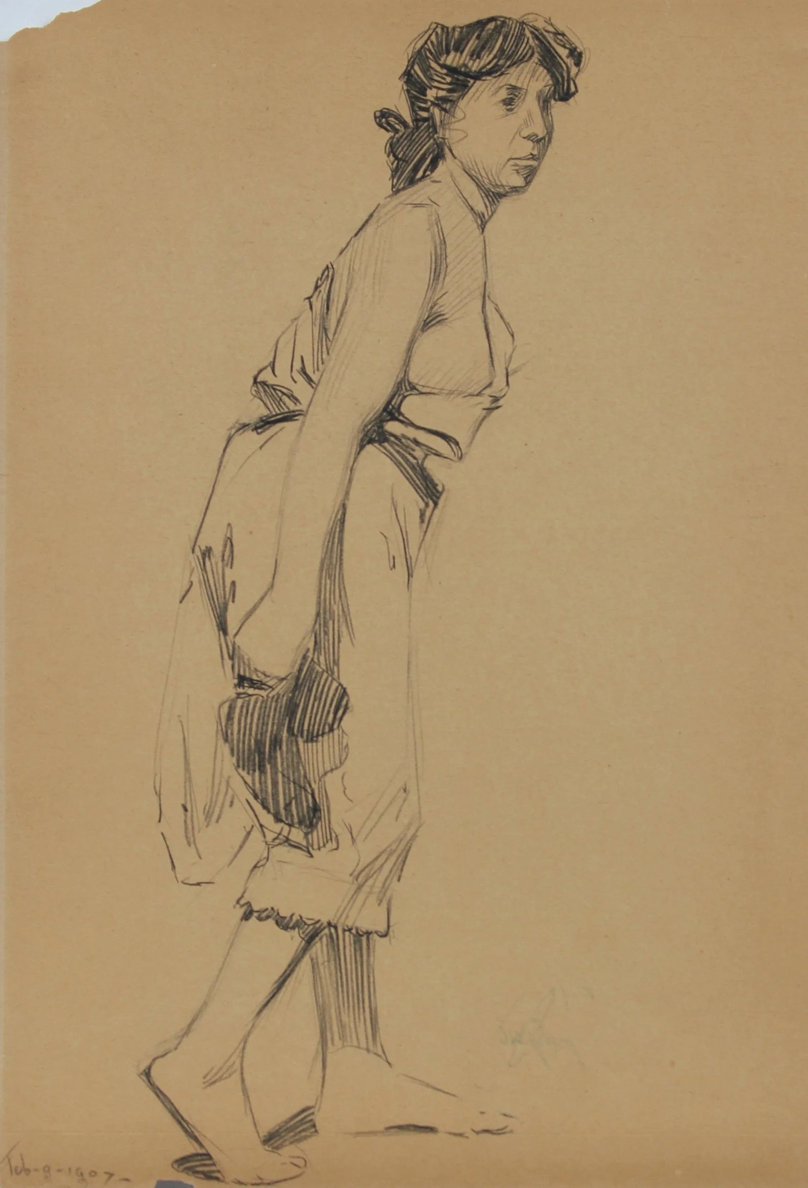 Female Figure in Paris 1907 Graphite Drawing - 3