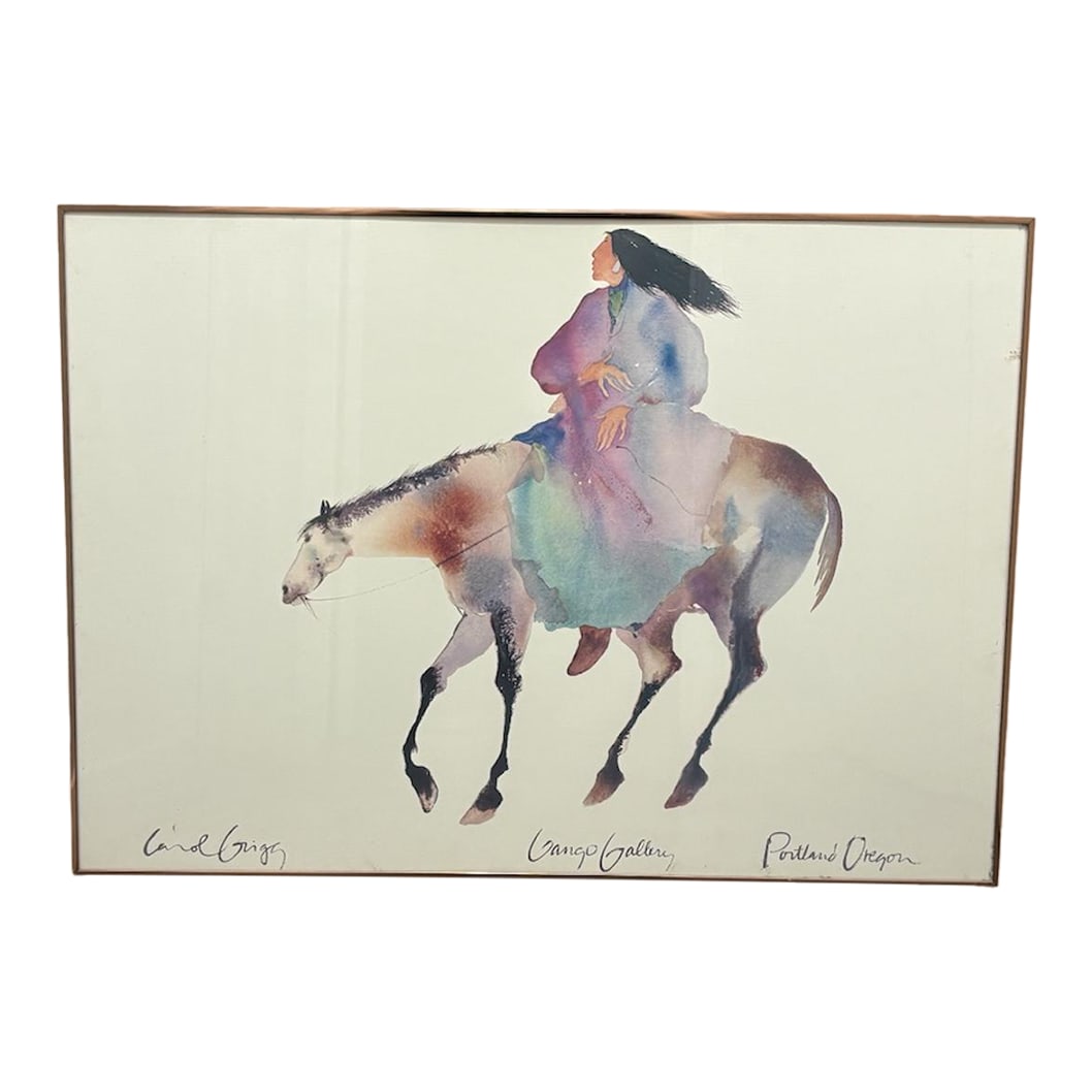 Vintage Framed Watercolor Painting Print by Carol Grigg: The product is a vintage framed watercolor painting print by artist Carol Grigg. This large landscape print features a contemporary style with a subject of women. It is a licensed reprint made on