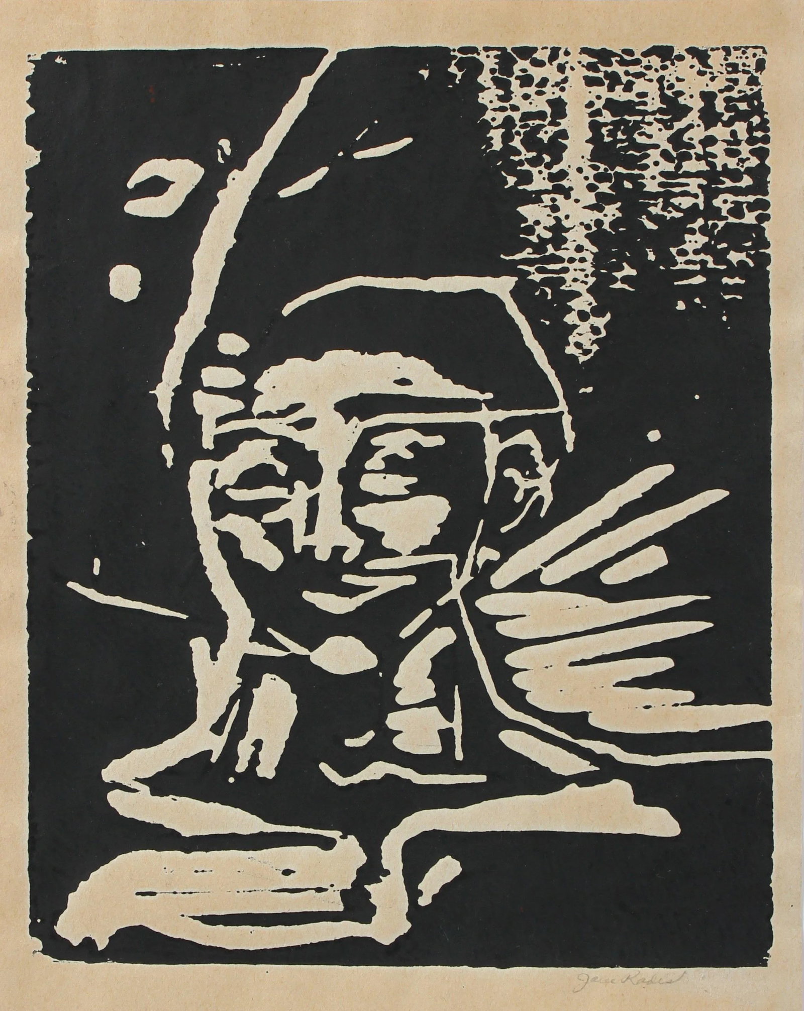 Expressionist Linocut Print Portrait Mid-Late 20th Century: This mid-late 20th century linocut print on paper figure is by California artist and poet Jane Rades (b. 1942). Rades attended the University of Wisconson- Milwaukee and studied painting at the San